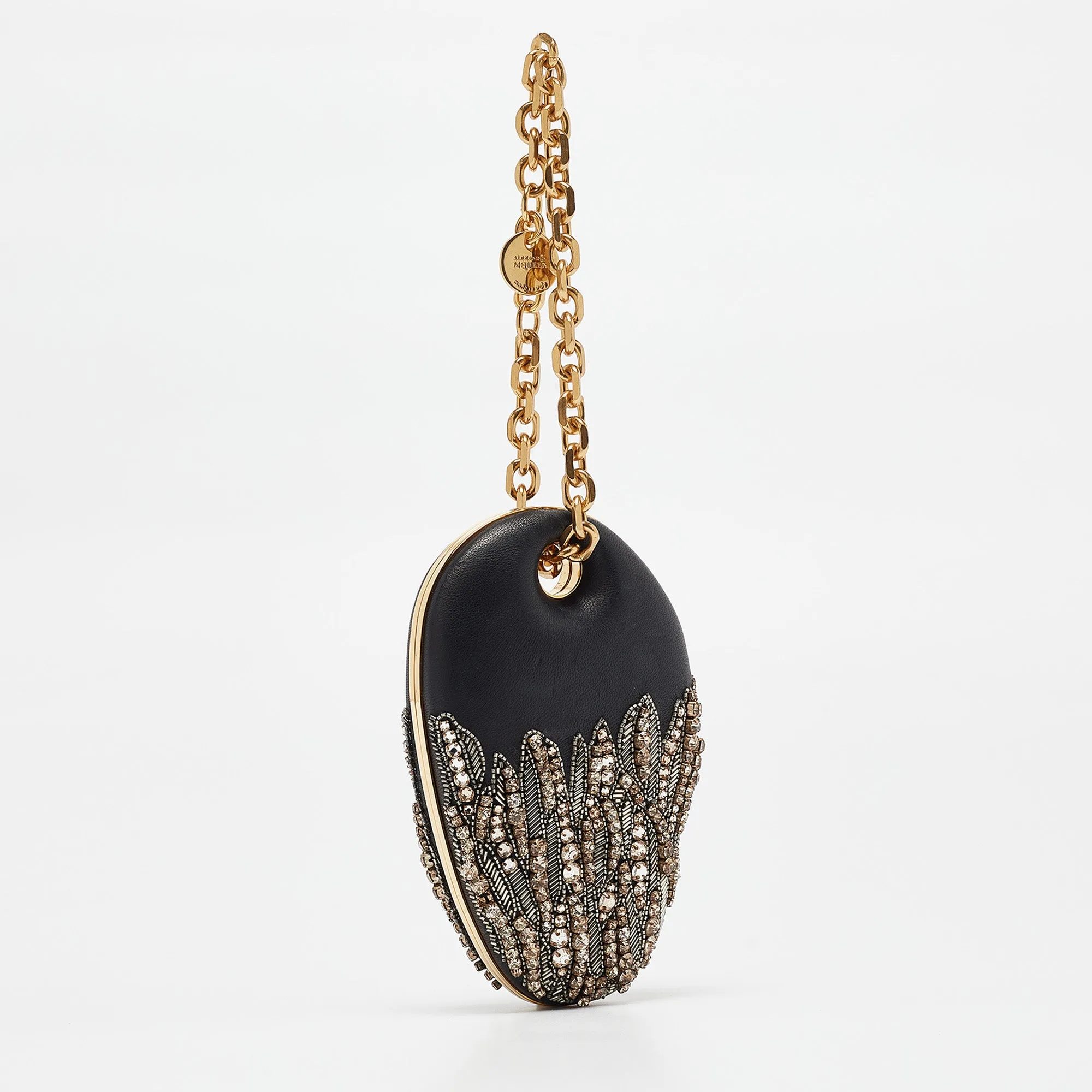 ALEXANDER MCQUEEN Black Leather Embellished Clam Chain Clutch