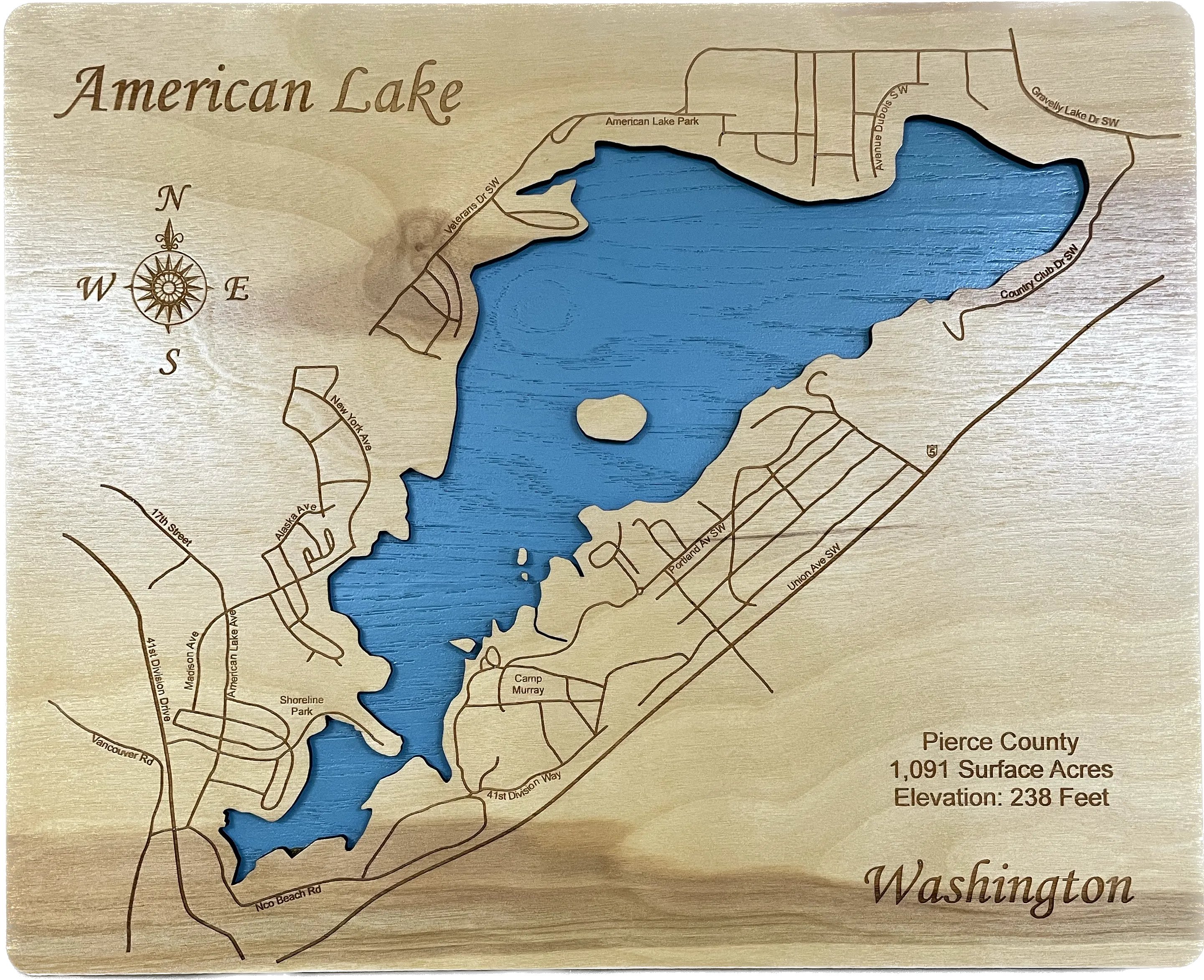 American Lake, Washington - Laser Engraved Wood Map Overflow Sale Special