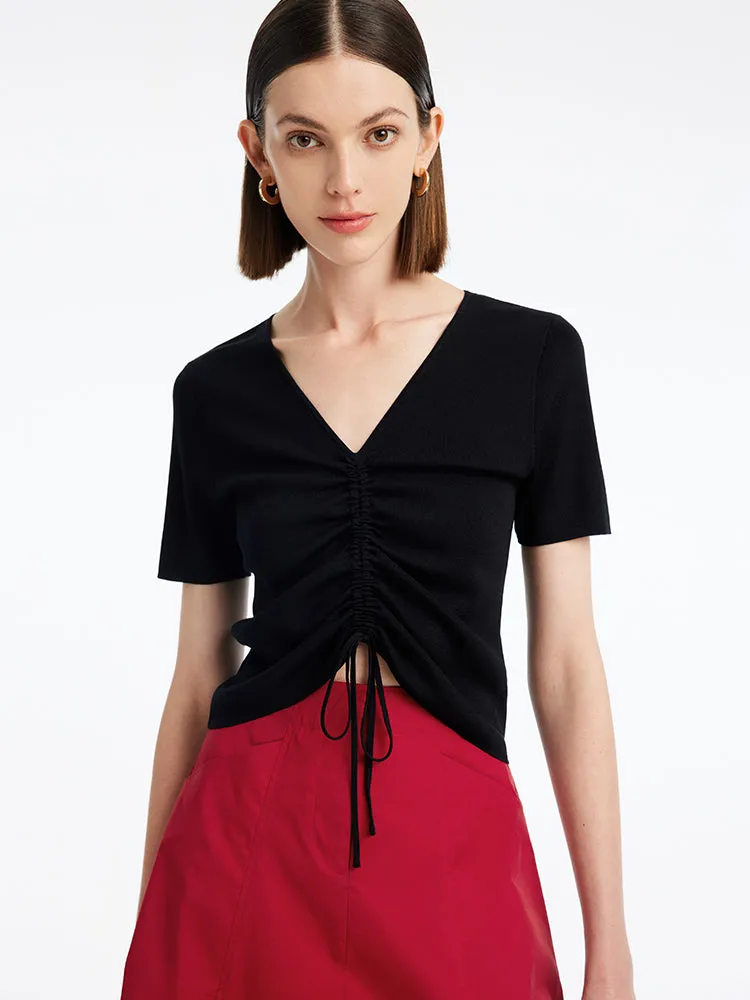 Black Pleated V-Neck Women Knit Top