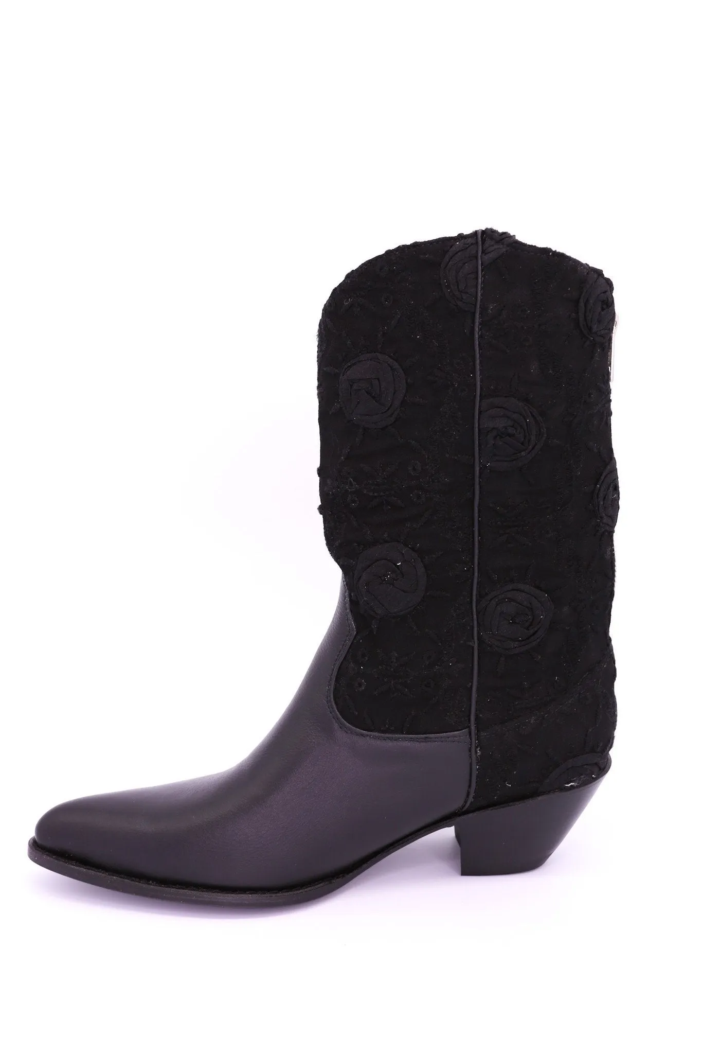 BLACK SILK COTTON EMBROIDERED LEATHER BOOTS DORO