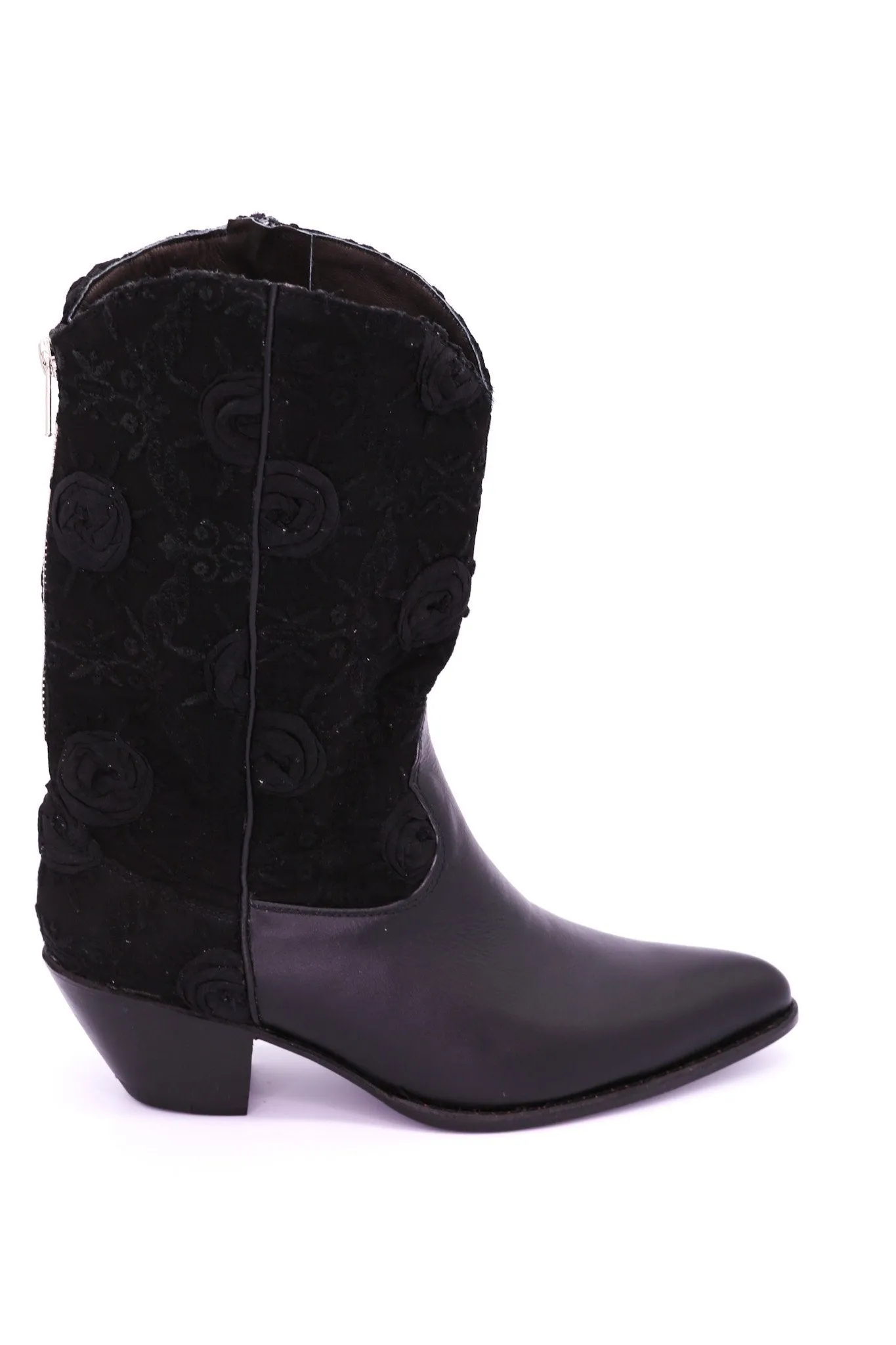 BLACK SILK COTTON EMBROIDERED LEATHER BOOTS DORO