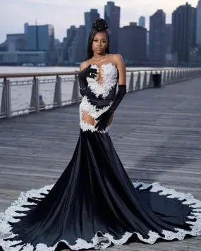 Black White Mermaid Long Evening Party Dresses Sexy See Through Luxury Applique Prom Birthday Dress with Gloves 2024 Velvet