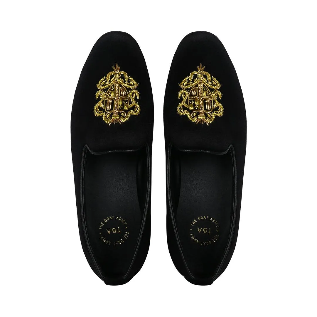 Bristol Black Velvet Hand Embroidered Slip Ons