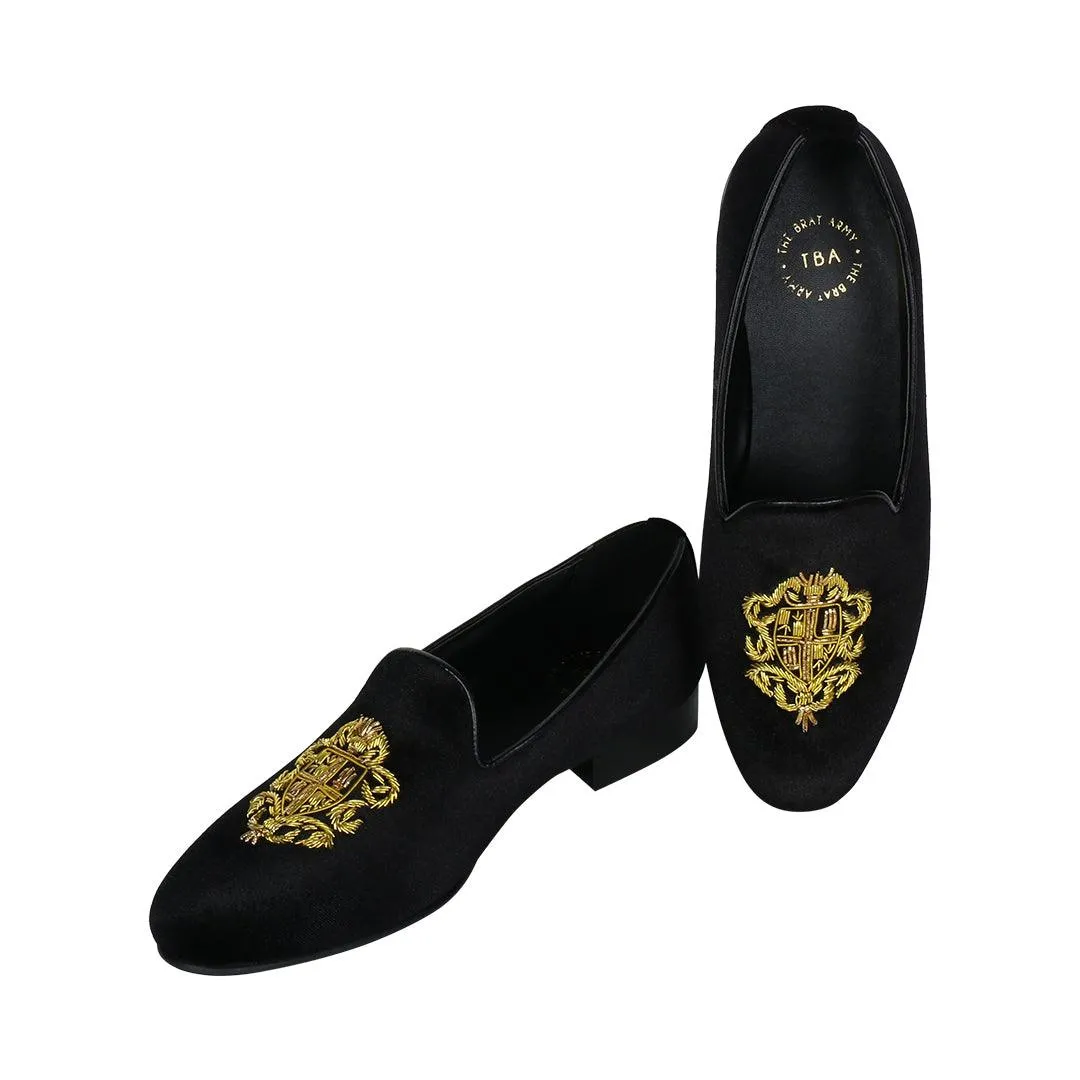 Bristol Black Velvet Hand Embroidered Slip Ons