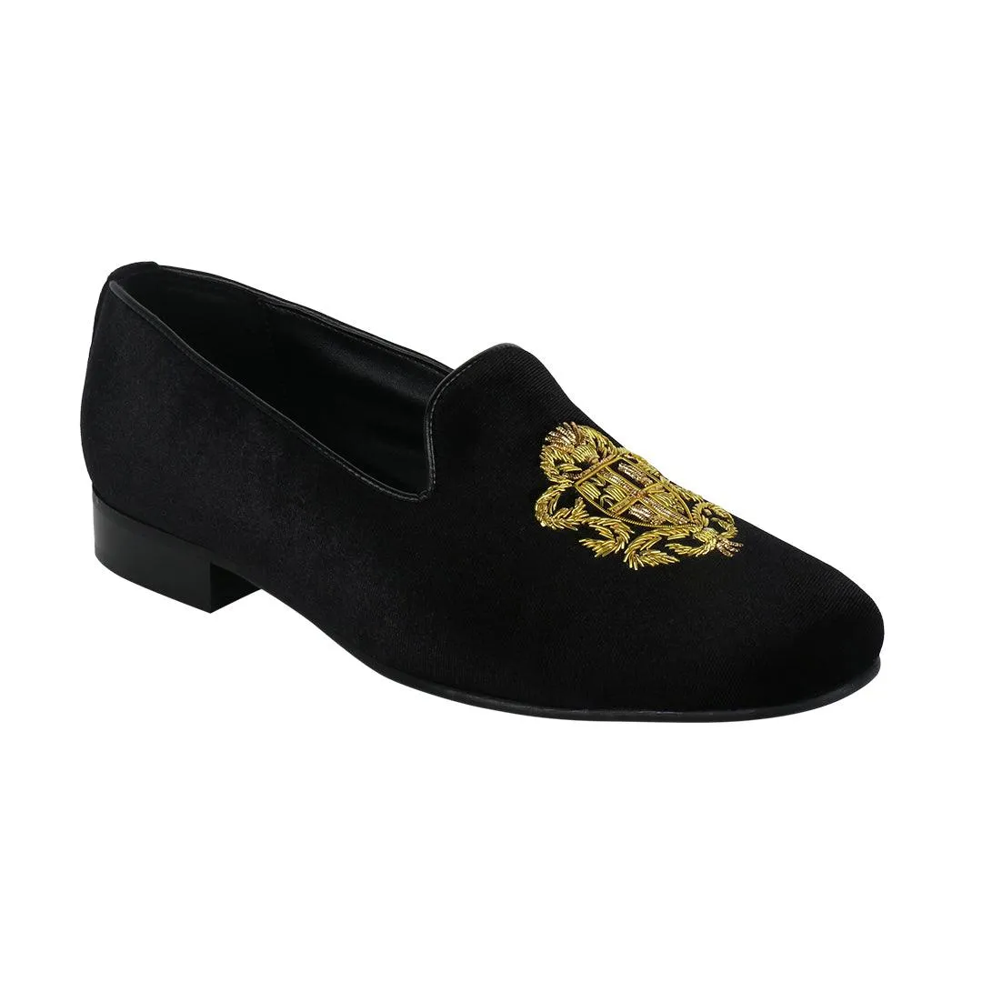 Bristol Black Velvet Hand Embroidered Slip Ons