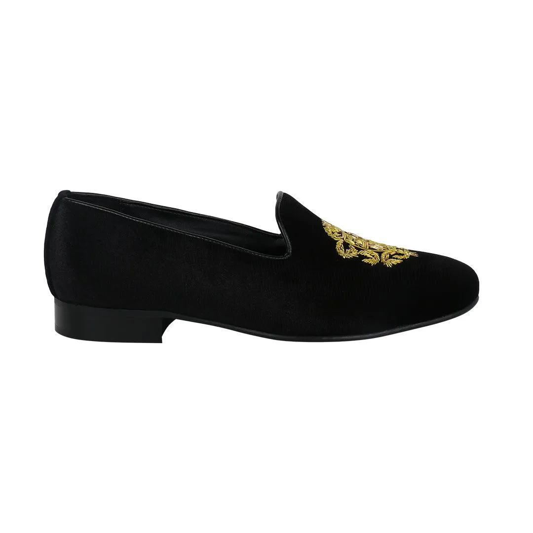 Bristol Black Velvet Hand Embroidered Slip Ons