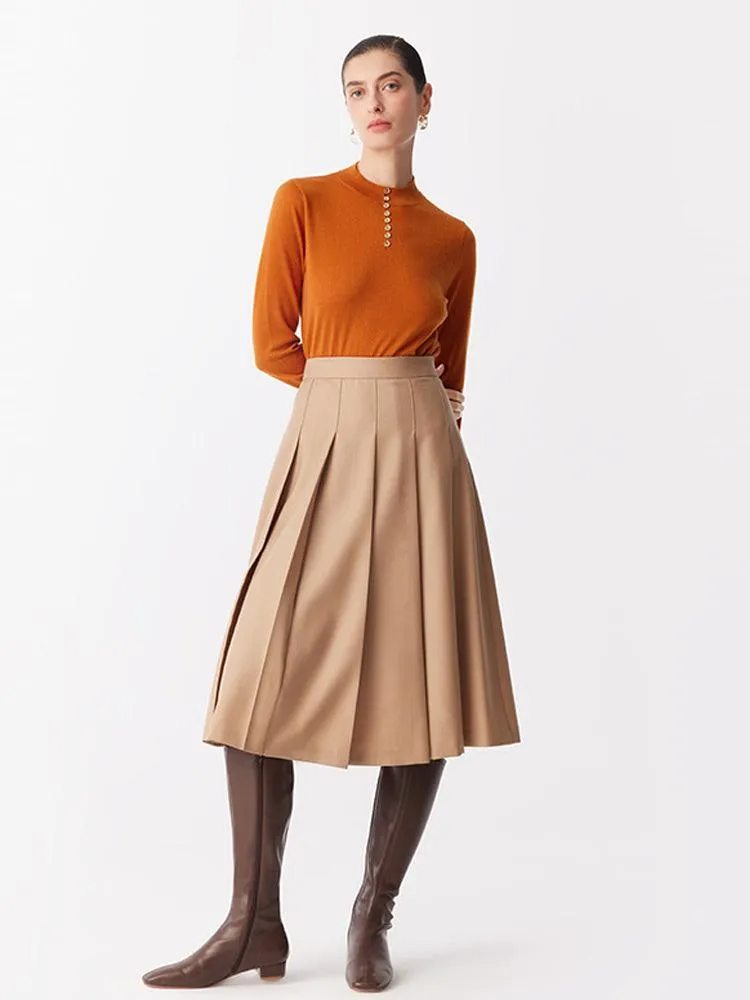 Camel Worsted Woolen Pleated Skirt