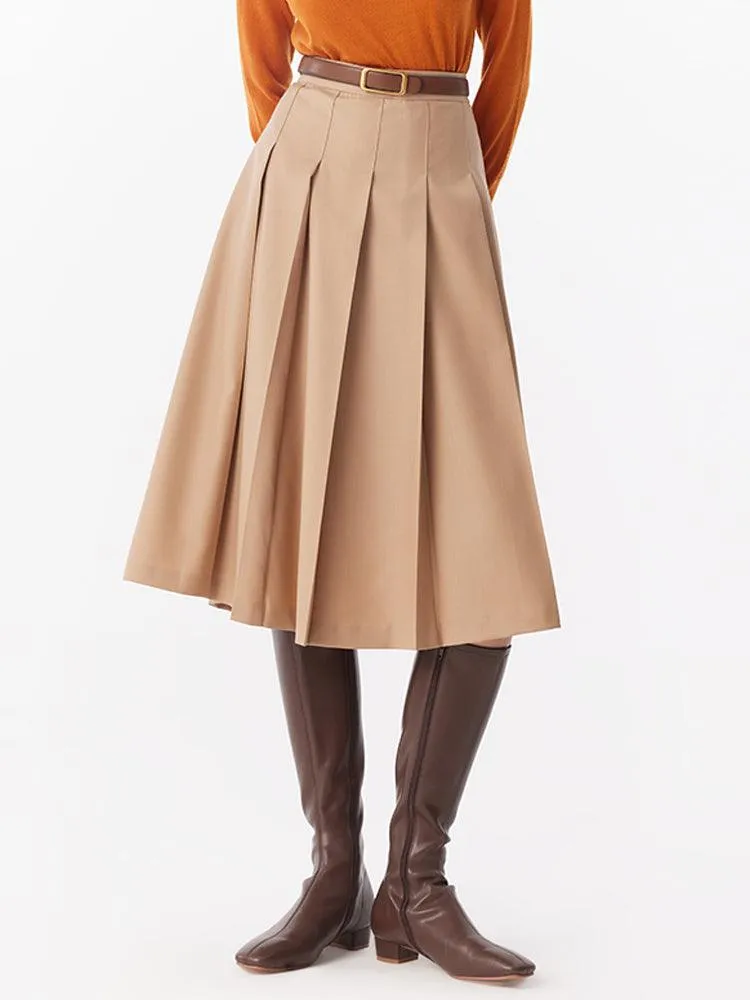 Camel Worsted Woolen Pleated Skirt