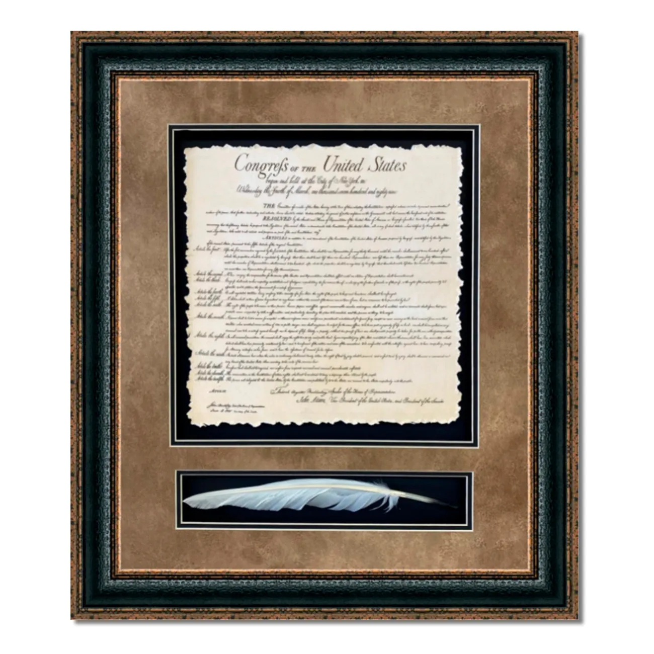 Framed Bill of Rights with Quill Shadowbox | Historic Document with Quill in Double Mat | 27L X 25W" Inches