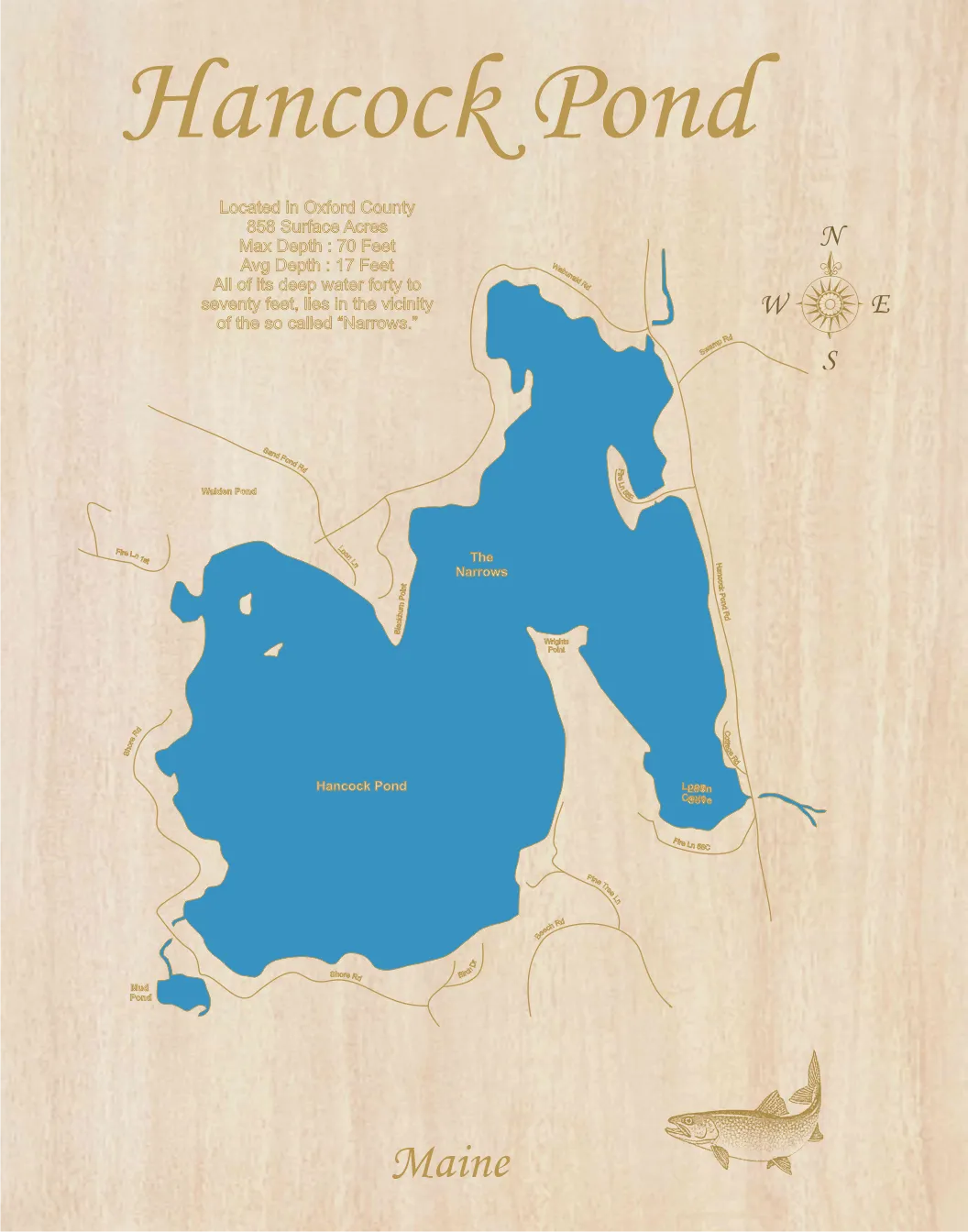 Hancock Pond, ME - Laser Cut Wood Map