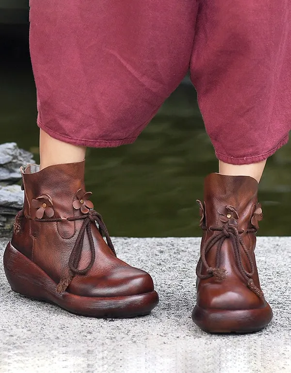 Handmade Leather Winter Retro Wedge Boots