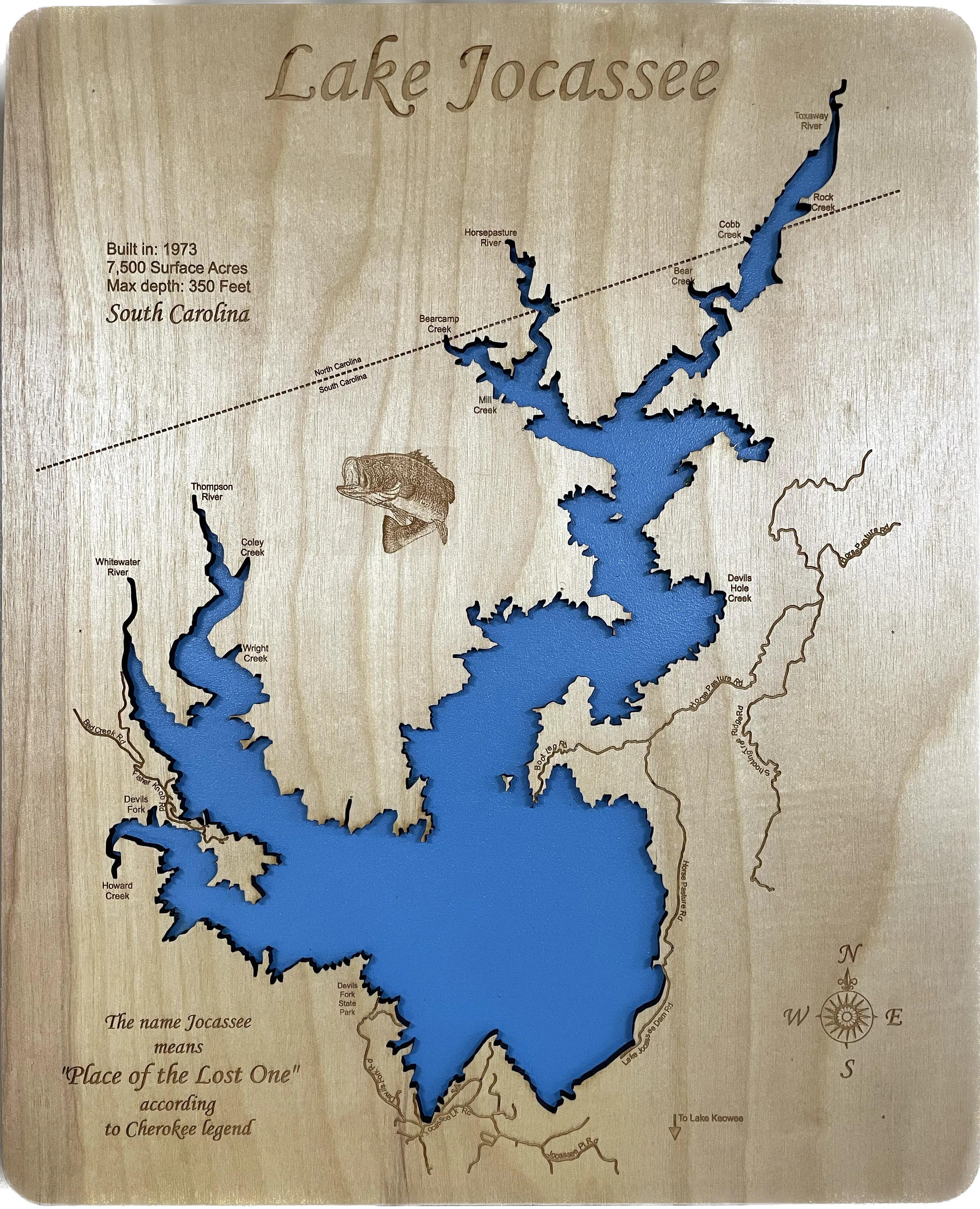 Lake Jocasee, NC & SC - Laser Engraved Wood Map Overflow Sale Special