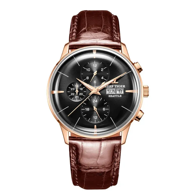 Reef Tiger/RT Luxury Dress Watch Men Multi Function Rose Gold Brown Leather Strap Automatic Watch Date Day