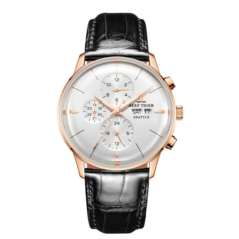 Reef Tiger/RT Luxury Dress Watch Men Multi Function Rose Gold Brown Leather Strap Automatic Watch Date Day