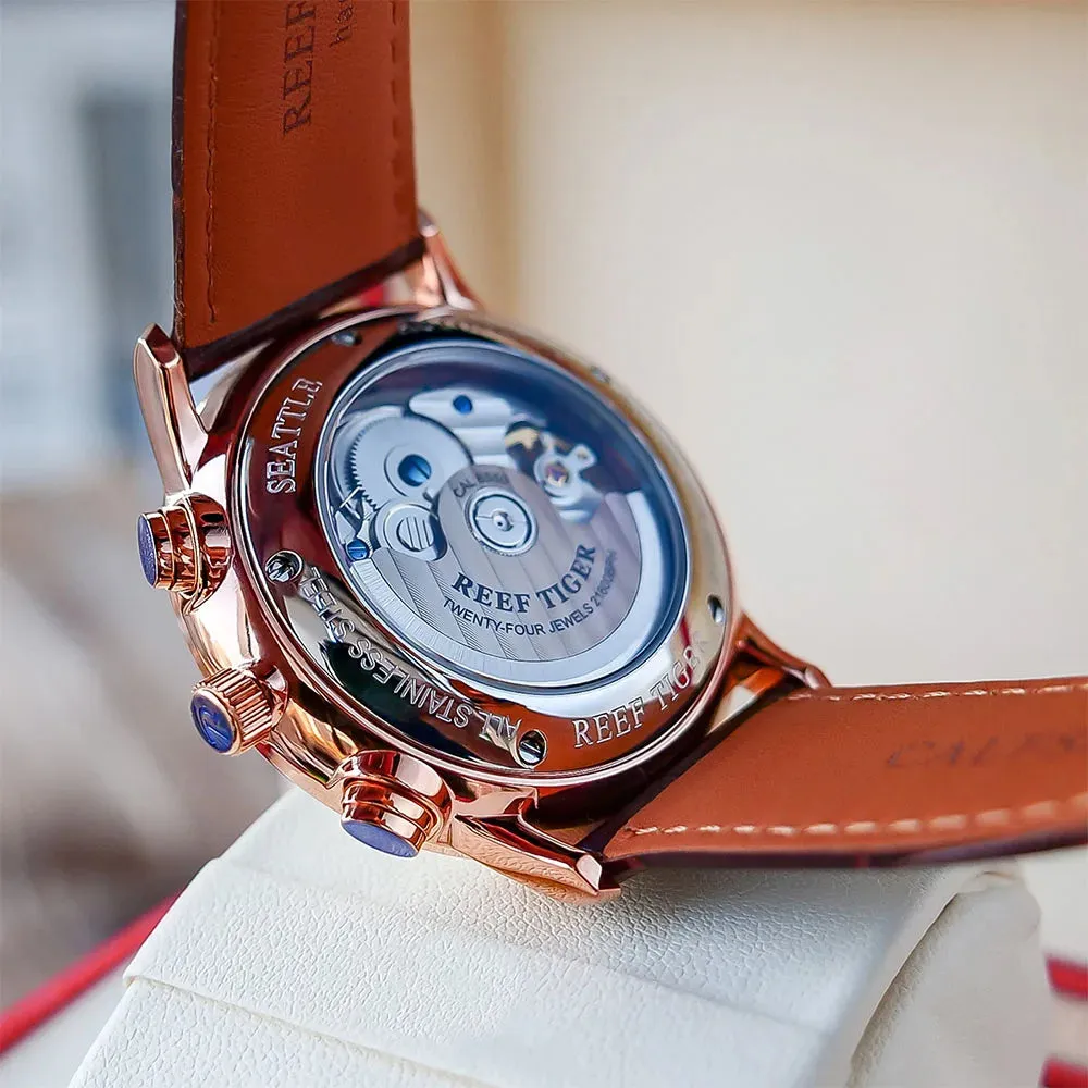 Reef Tiger/RT Luxury Dress Watch Men Multi Function Rose Gold Brown Leather Strap Automatic Watch Date Day