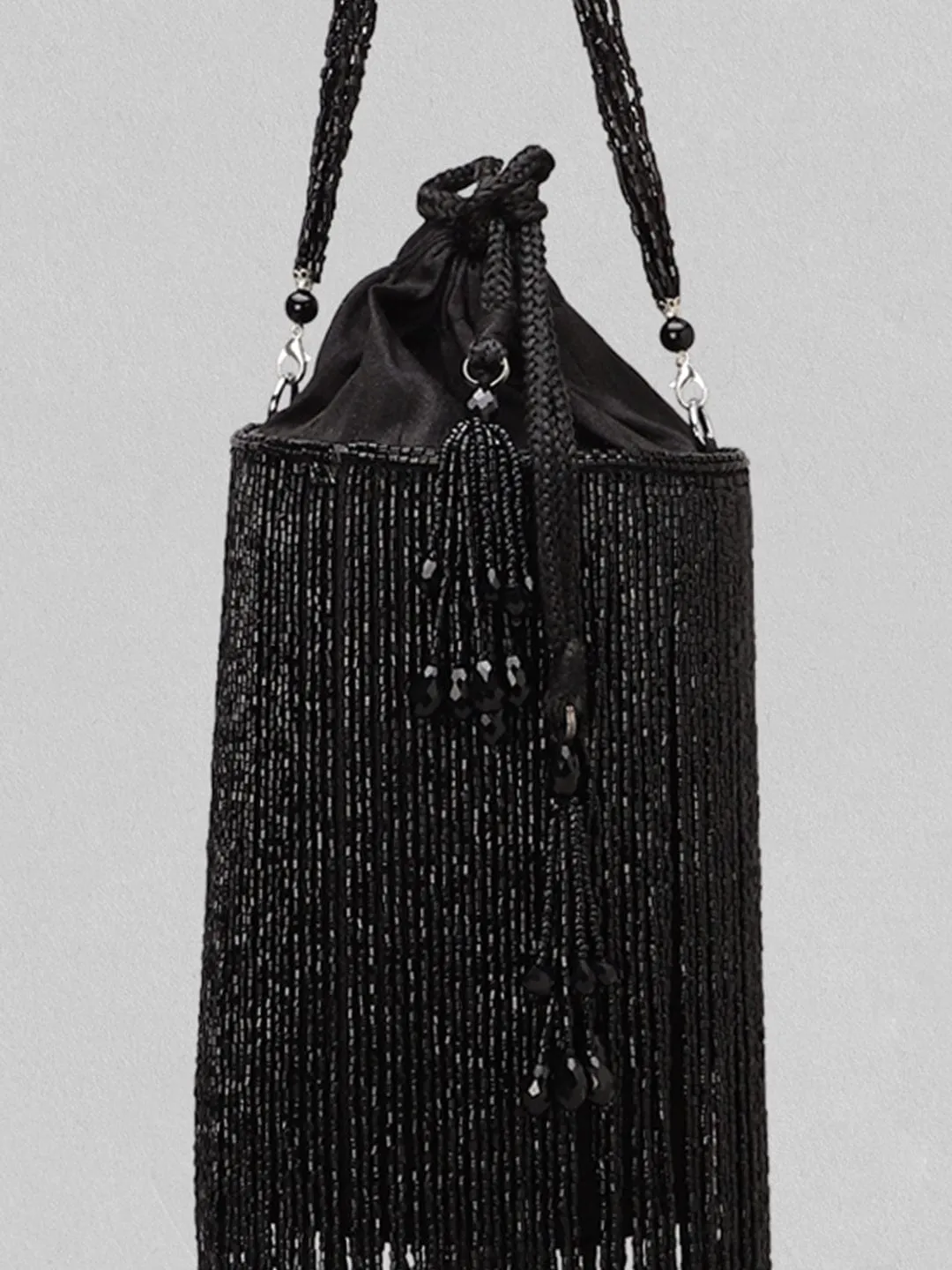 Rubans Black Beaded Fringe Potli Bag