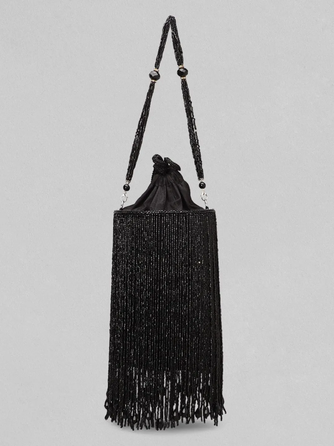 Rubans Black Beaded Fringe Potli Bag