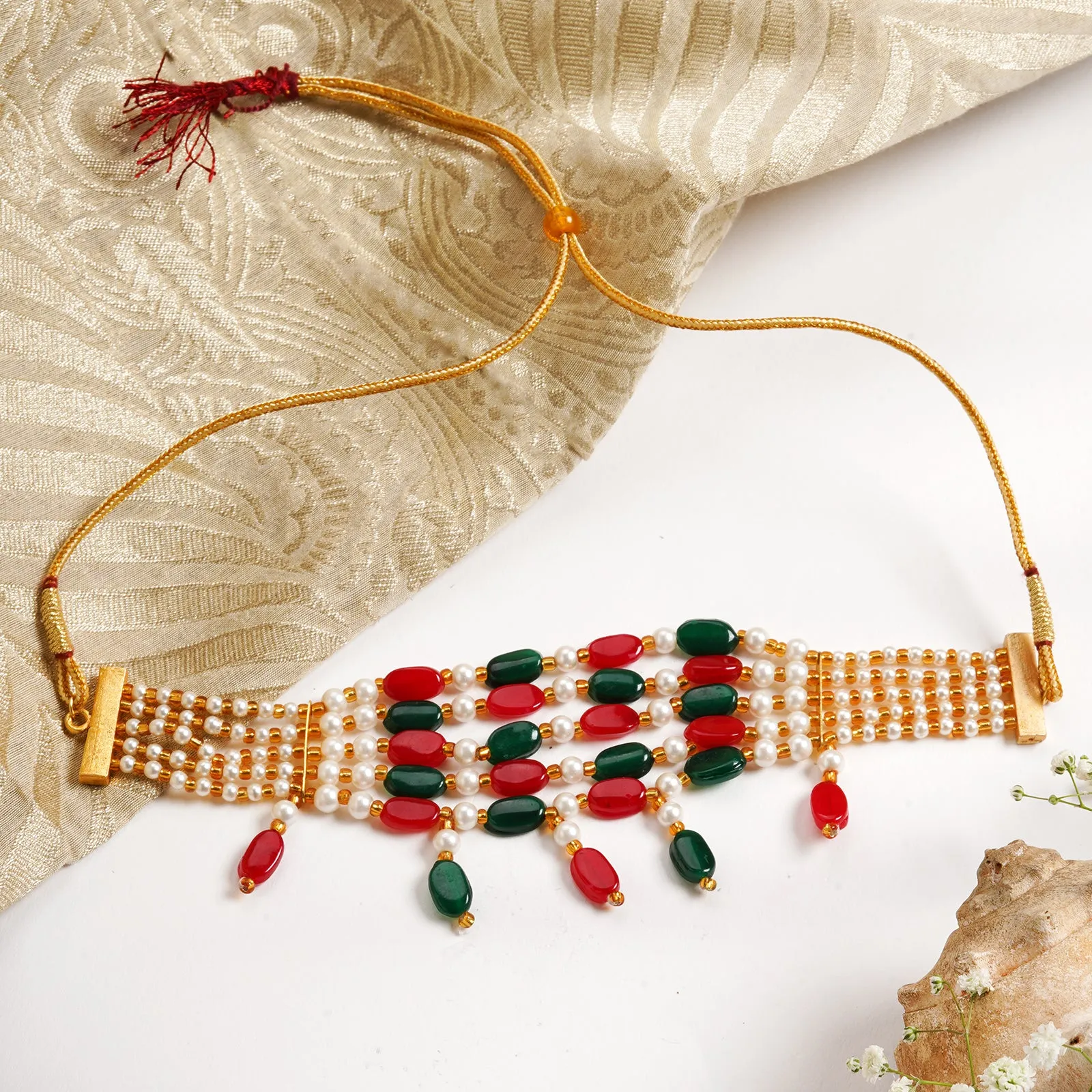 Teejh Alpa Red Green And White Bead Stacked Neckclace