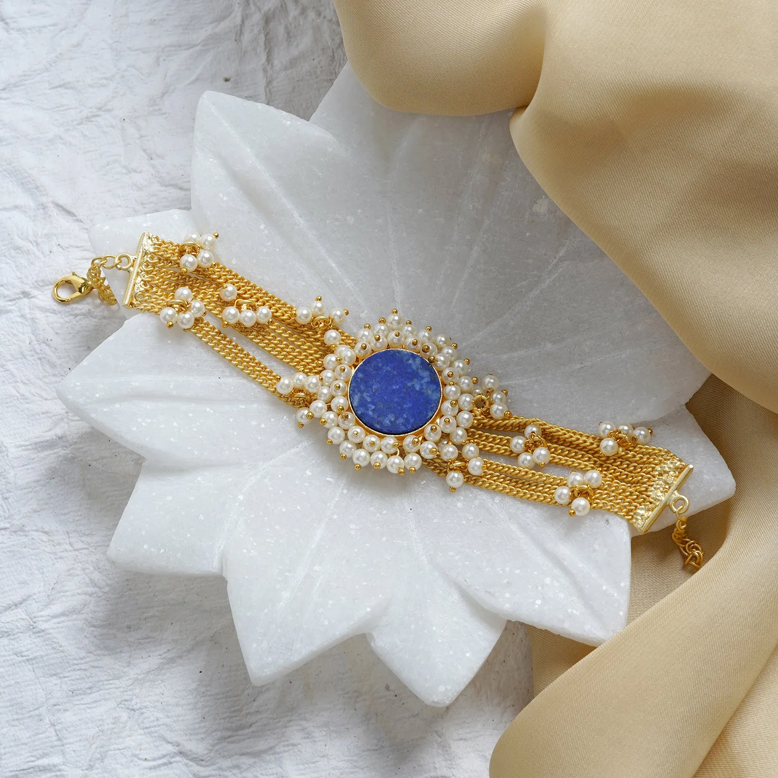 Teejh Eiravathi Blue Studded Layered Chain Pearl Bracelet