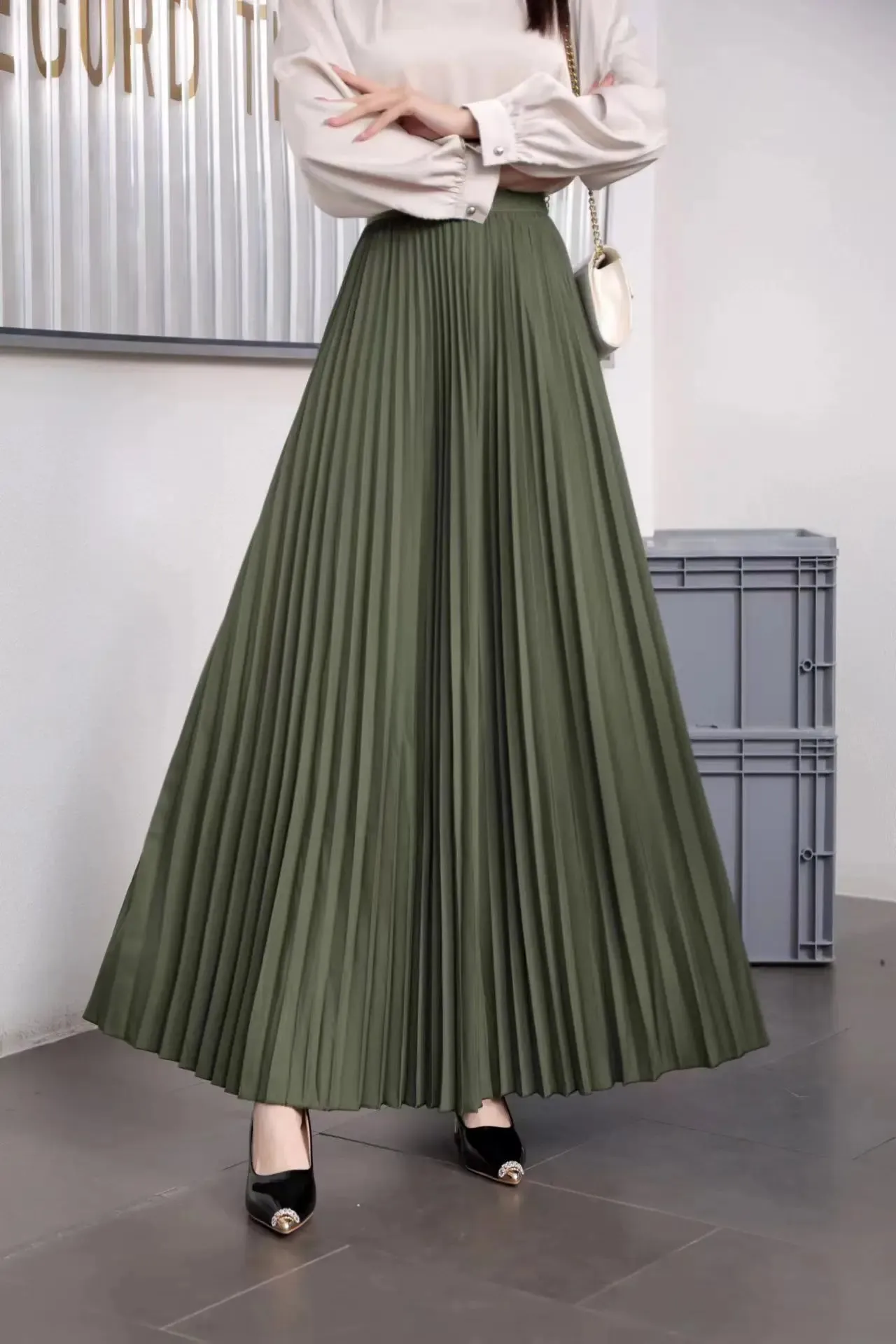 TFETTERS Brand Spring Clothes Women 2024 Autumn Fashion Casual Office Lady Pleated Skirt Women New Hight Waist Solid Long Skirt