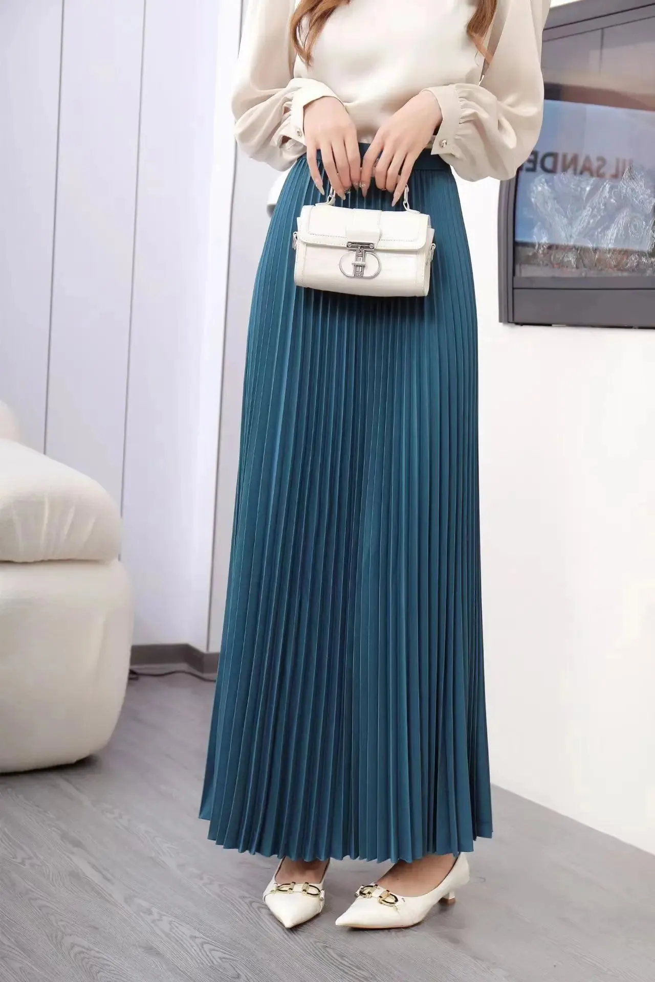 TFETTERS Brand Spring Clothes Women 2024 Autumn Fashion Casual Office Lady Pleated Skirt Women New Hight Waist Solid Long Skirt