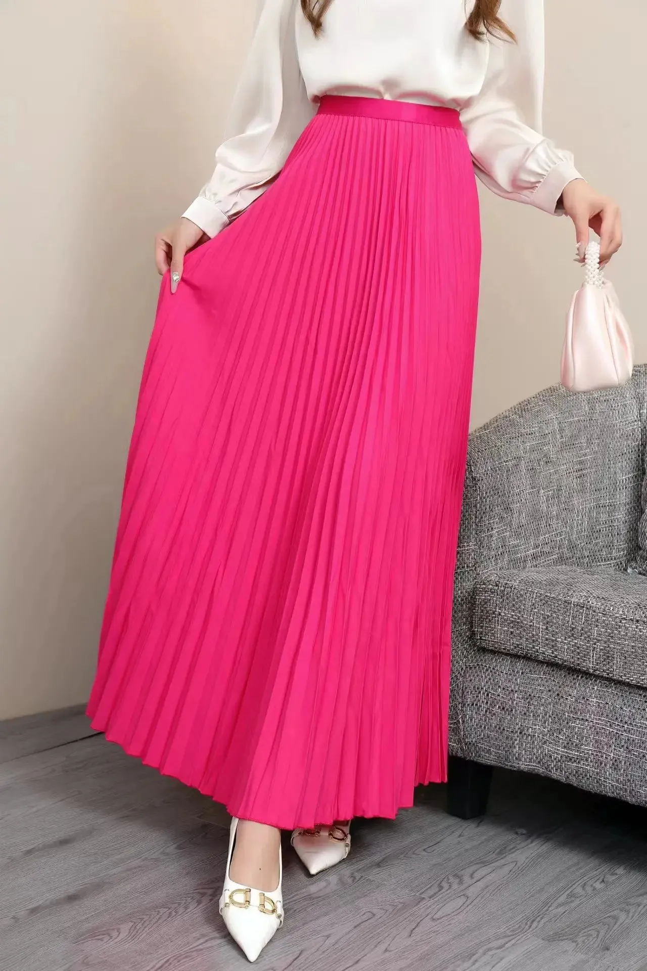 TFETTERS Brand Spring Clothes Women 2024 Autumn Fashion Casual Office Lady Pleated Skirt Women New Hight Waist Solid Long Skirt