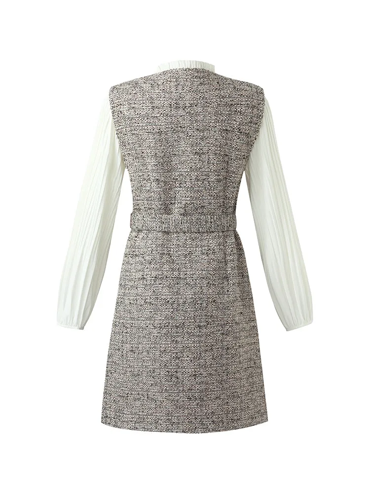 Wool Blend Lantern Sleeve Women Mini Dress With Belt